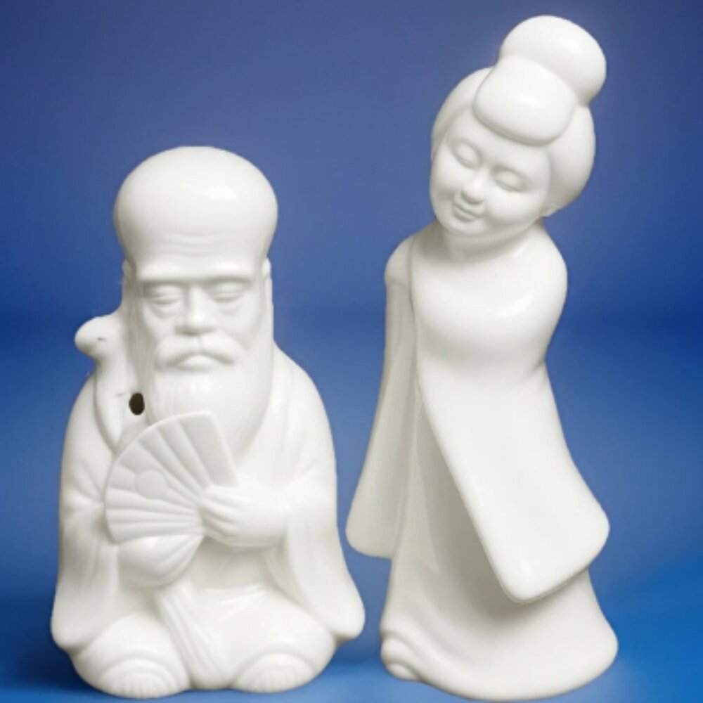 Vintage Benihana Tiki Mugs Pair Shogun & Geisha White Porcelain China 1970s